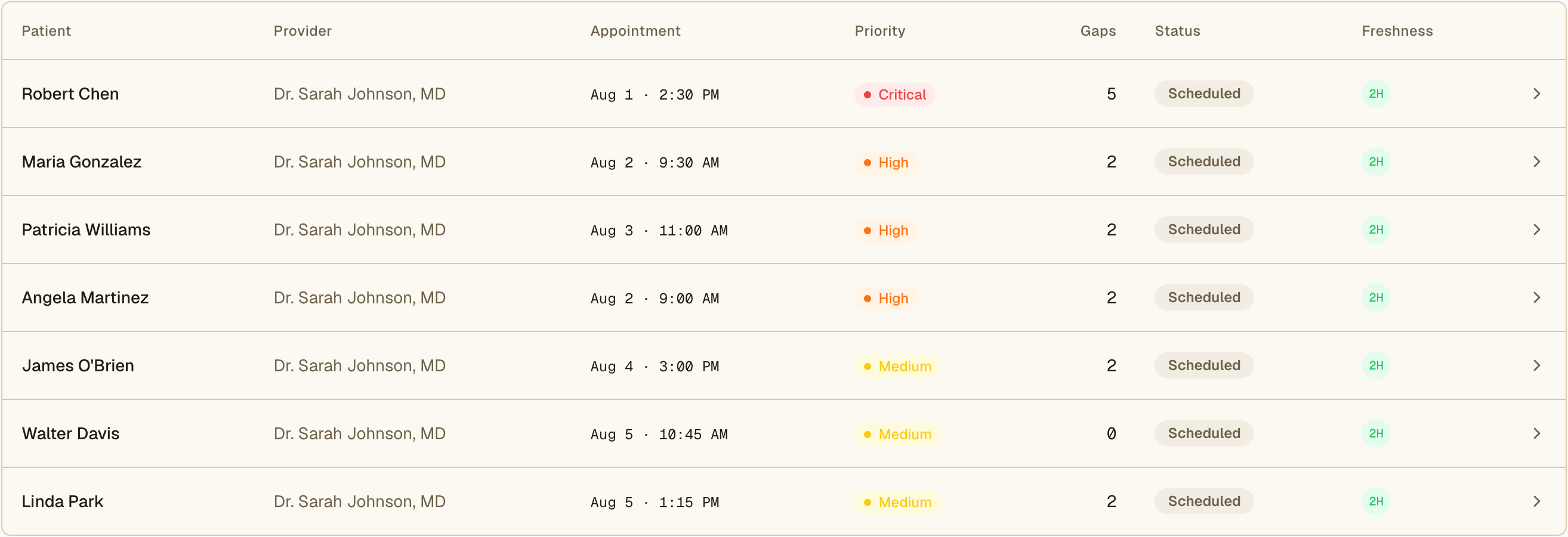 THS pre-visit planning queue listing seven upcoming Medicare Advantage appointments, each with provider, appointment time, priority, documentation-gap count, status, and data freshness
